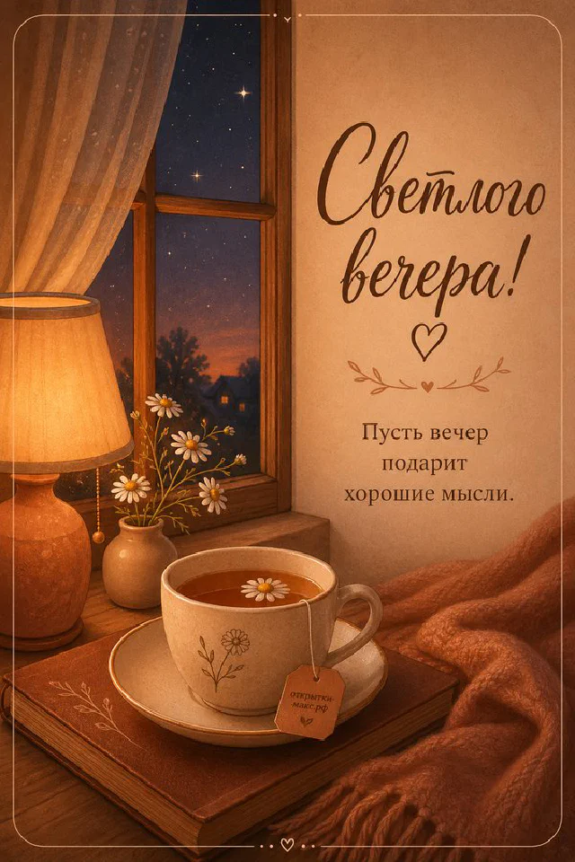 Открытка-карточка с лавандовым закатом лежит на столе рядом с горящей свечой в гранёном стакане — вариант 6