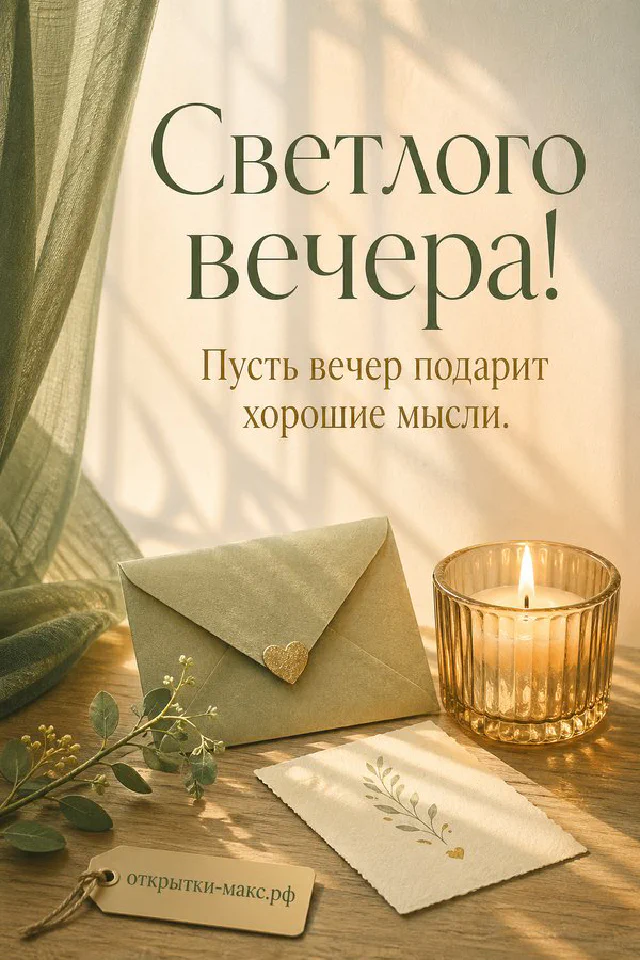 Открытка-карточка с лавандовым закатом лежит на столе рядом с горящей свечой в гранёном стакане — вариант 7