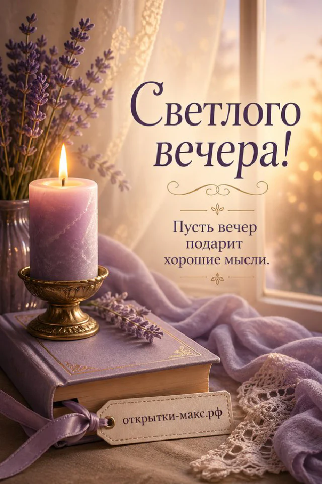 Открытка-карточка с лавандовым закатом лежит на столе рядом с горящей свечой в гранёном стакане — вариант 8