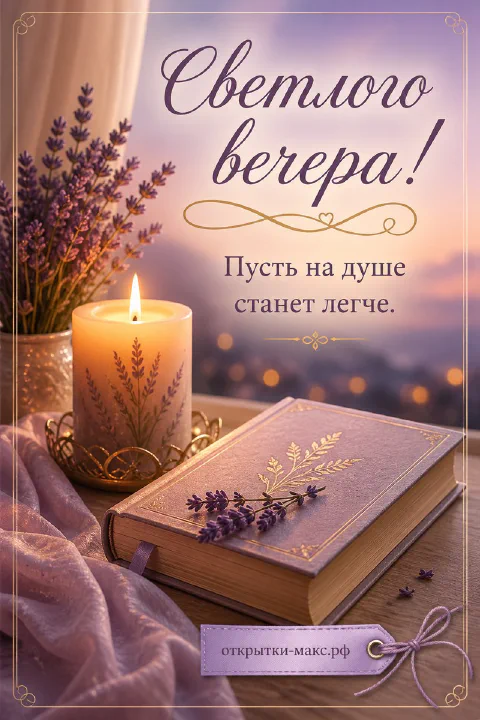Горящая свеча в золотом подсвечнике, книга с лавандой и пучок лаванды на сиреневом фоне