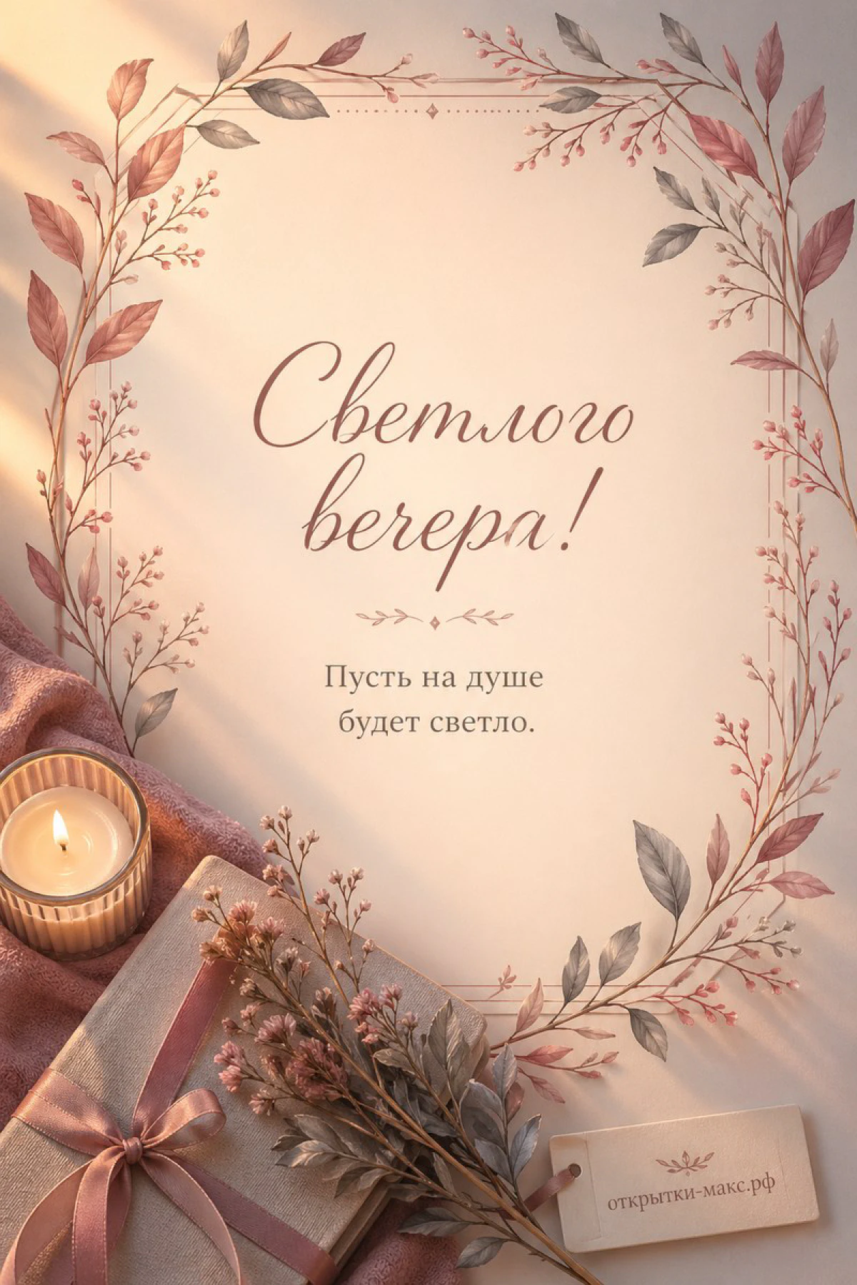 Крафтовый подарок с лентой, горящая свеча и сухоцветы на бежевом акварельном фоне, открытка добрый вечер
