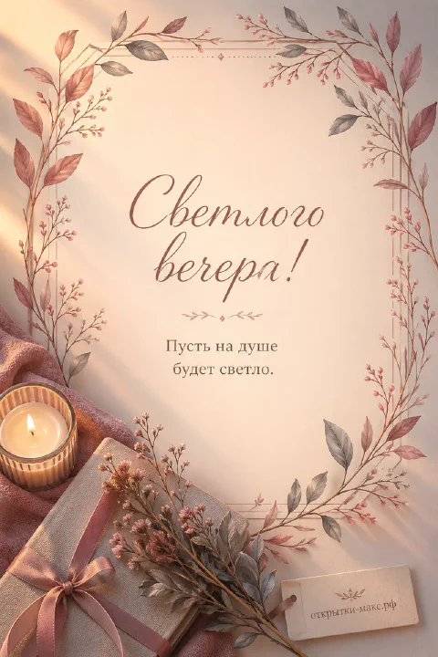 Крафтовый подарок с лентой, горящая свеча и сухоцветы на бежевом акварельном фоне, открытка добрый вечер