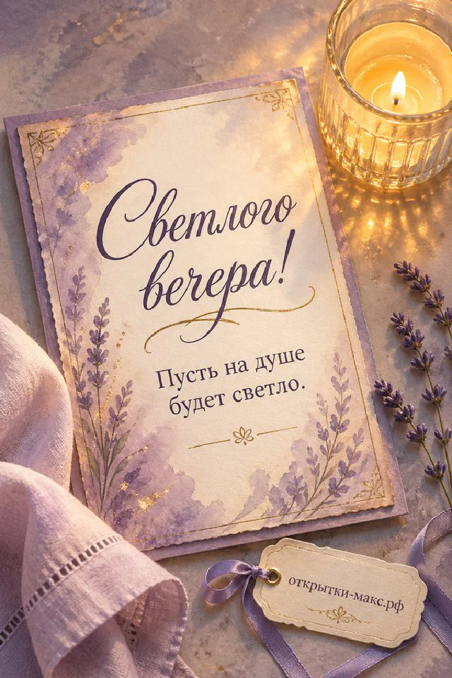 Крафтовый подарок с лентой, горящая свеча и сухоцветы на бежевом акварельном фоне, открытка добрый вечер — вариант 2