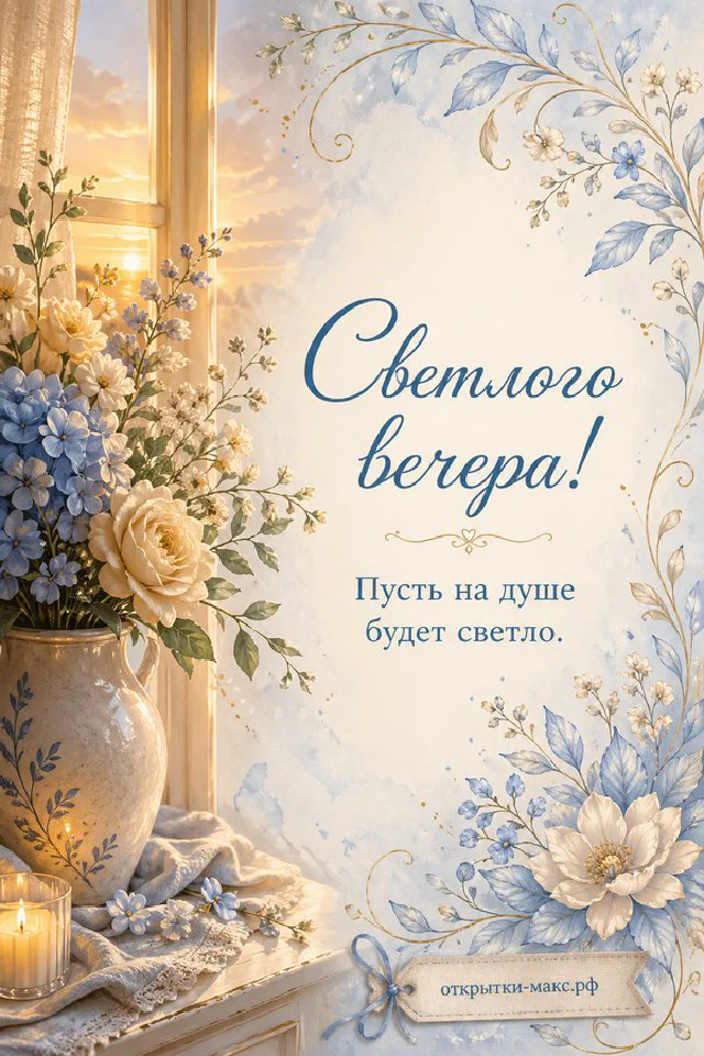 Крафтовый подарок с лентой, горящая свеча и сухоцветы на бежевом акварельном фоне, открытка добрый вечер — вариант 4