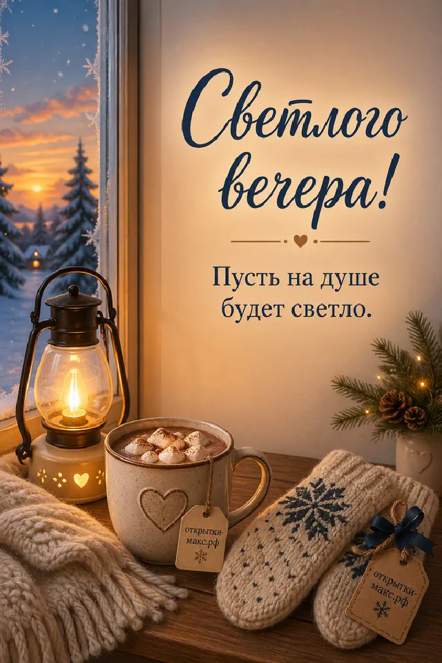 Крафтовый подарок с лентой, горящая свеча и сухоцветы на бежевом акварельном фоне, открытка добрый вечер — вариант 5