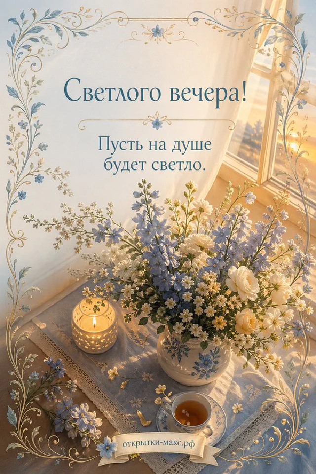 Крафтовый подарок с лентой, горящая свеча и сухоцветы на бежевом акварельном фоне, открытка добрый вечер — вариант 6