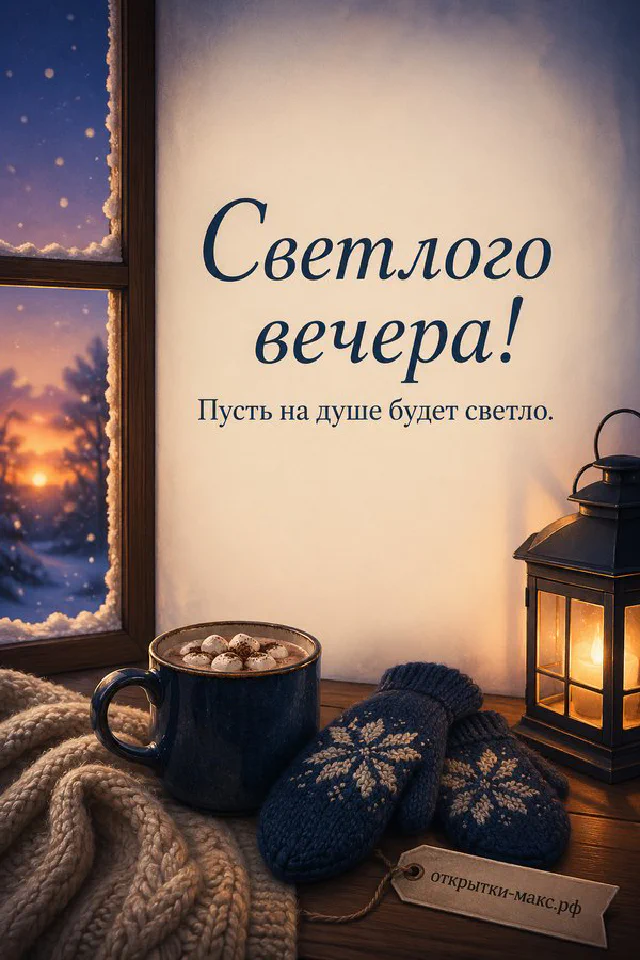 Крафтовый подарок с лентой, горящая свеча и сухоцветы на бежевом акварельном фоне, открытка добрый вечер — вариант 7