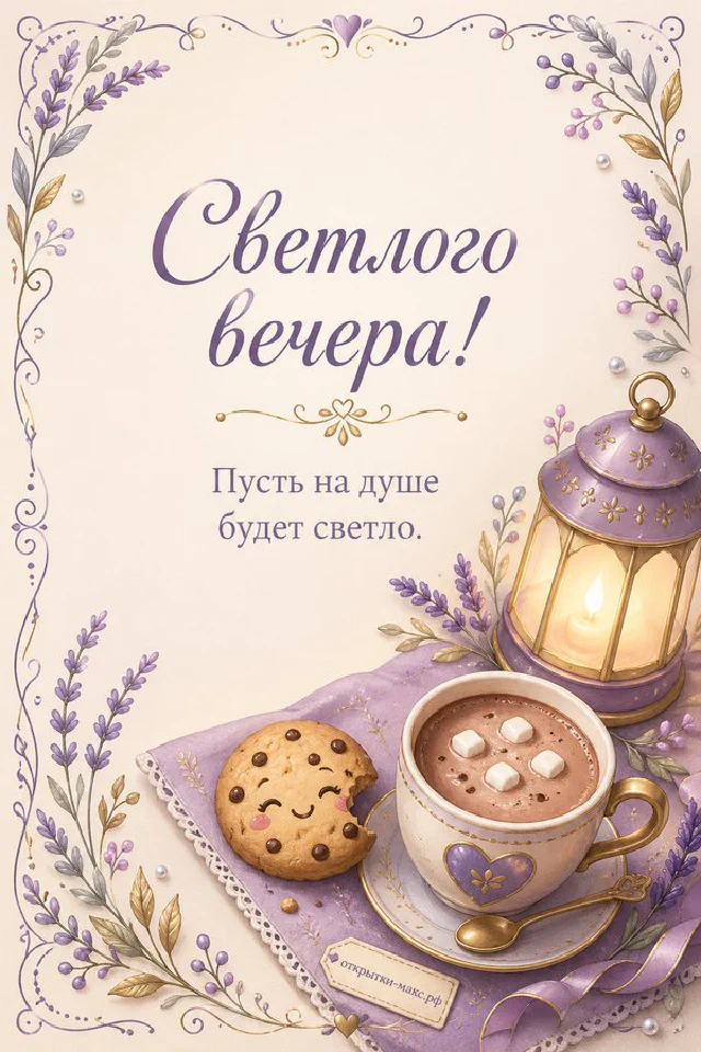 Крафтовый подарок с лентой, горящая свеча и сухоцветы на бежевом акварельном фоне, открытка добрый вечер — вариант 8