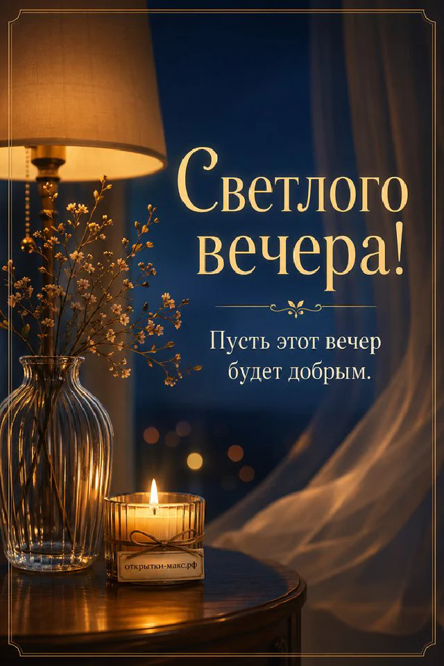 Розовая кружка чая на блюдце у окна с цветущими ветками, плед и свеча, светлая открытка добрый вечер — вариант 2