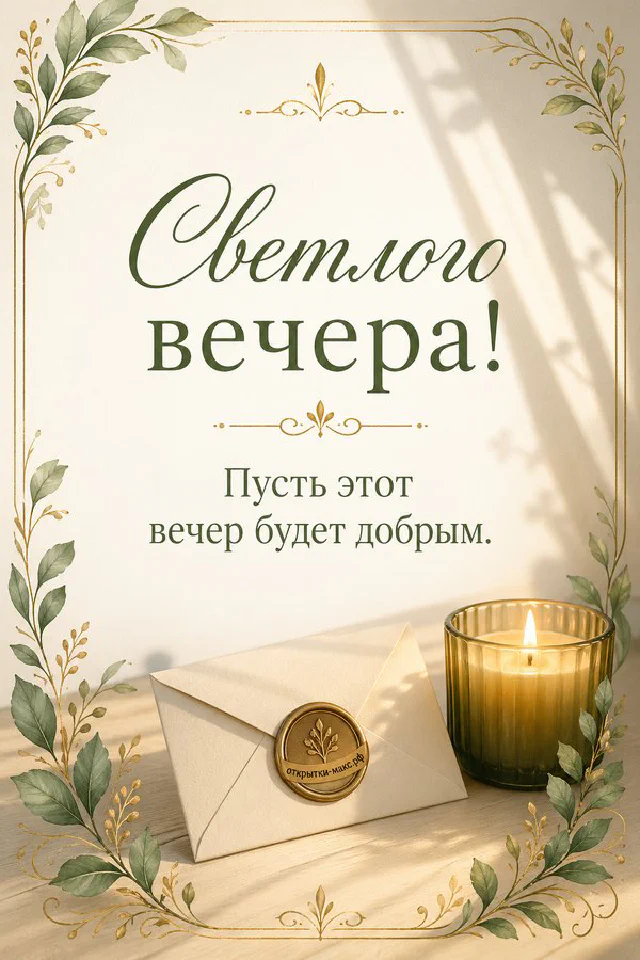 Розовая кружка чая на блюдце у окна с цветущими ветками, плед и свеча, светлая открытка добрый вечер — вариант 4