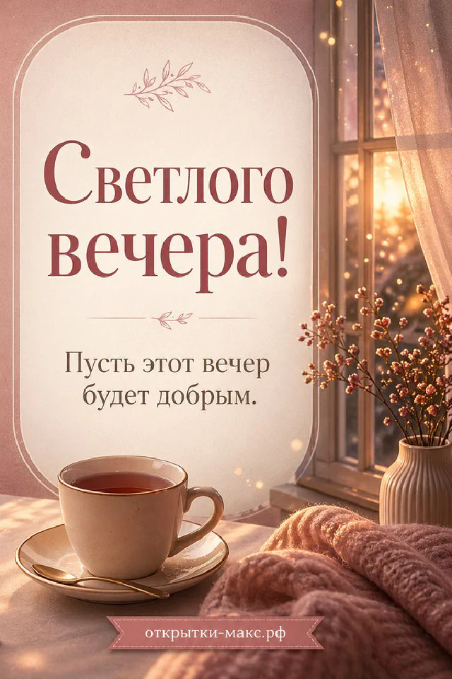 Розовая кружка чая на блюдце у окна с цветущими ветками, плед и свеча, светлая открытка добрый вечер — вариант 6