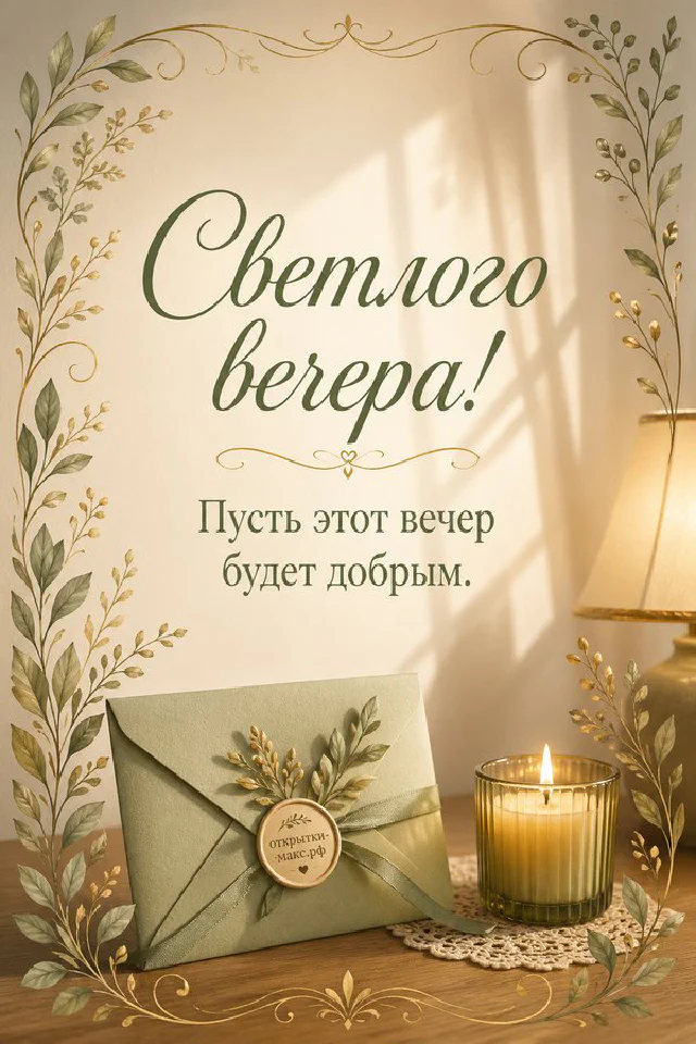 Розовая кружка чая на блюдце у окна с цветущими ветками, плед и свеча, светлая открытка добрый вечер — вариант 7