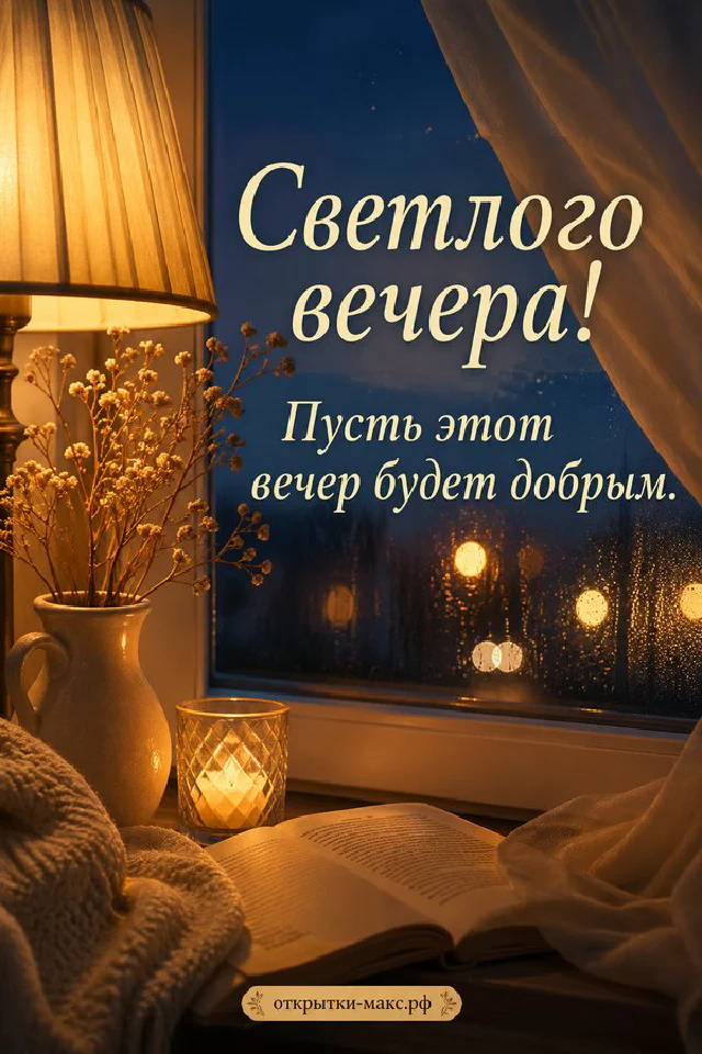 Розовая кружка чая на блюдце у окна с цветущими ветками, плед и свеча, светлая открытка добрый вечер — вариант 8