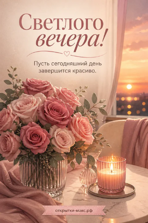 Букет розовых роз в стеклянной вазе и горящая свеча на мраморном столе, закат за окном