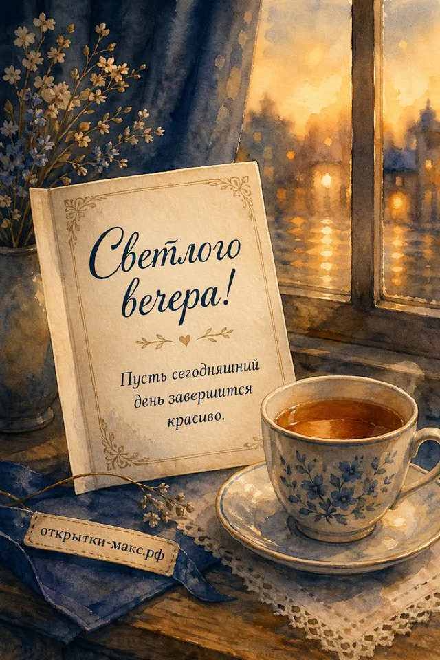 Букет розовых роз в стеклянной вазе и горящая свеча на мраморном столе, закат за окном — вариант 6
