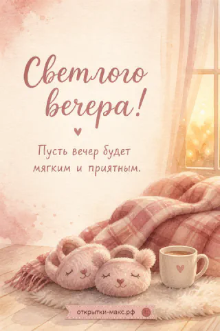 Акварельные тапочки-медвежата, клетчатый розовый плед и чашка чая у окна с тёплым светом