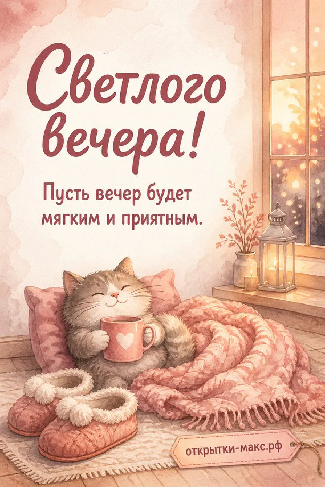 Акварельные тапочки-медвежата, клетчатый розовый плед и чашка чая у окна с тёплым светом — вариант 3