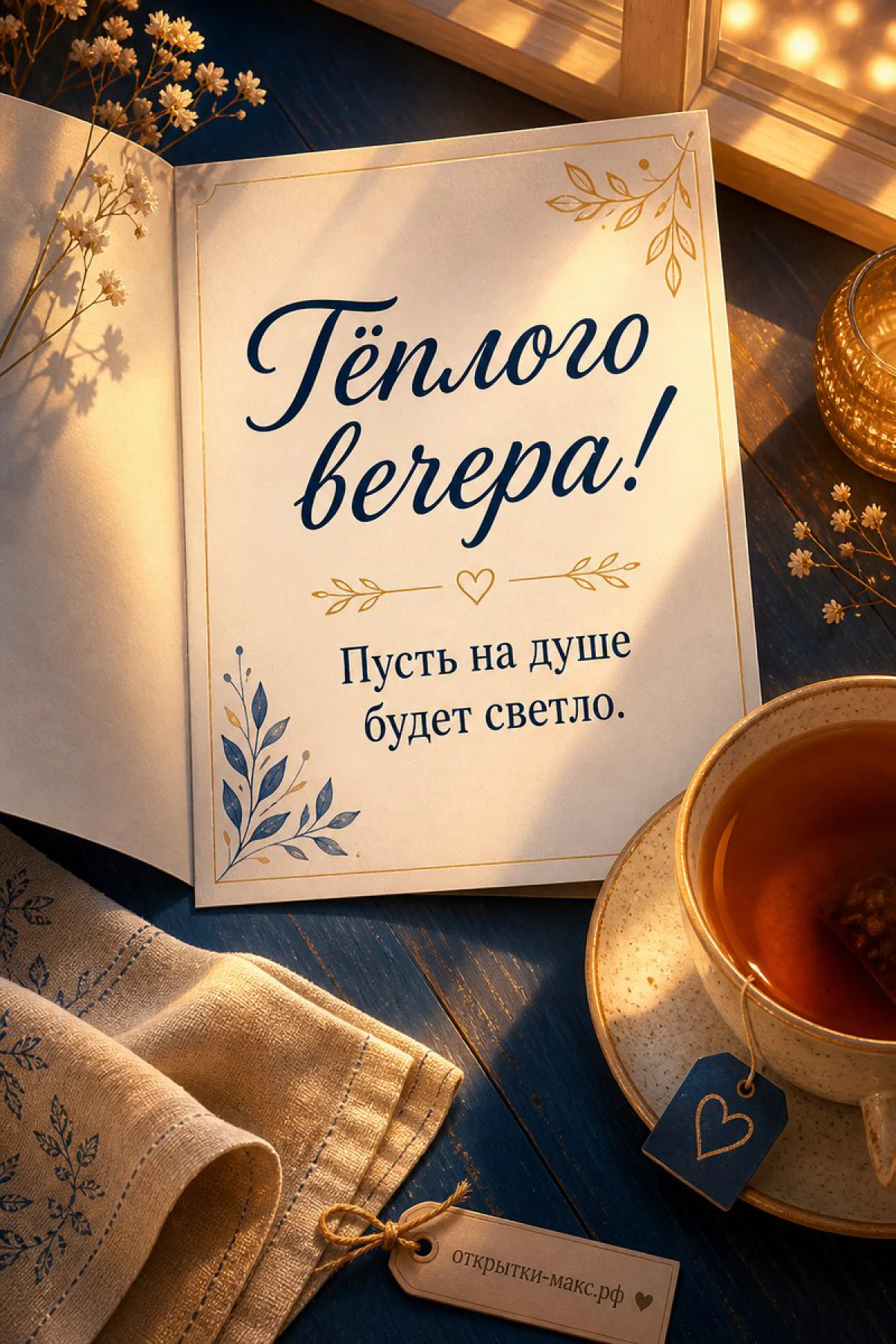 Раскрытая книга с пожеланием тёплого вечера, чашка чая со стикером и сухие цветы на синем деревянном столе