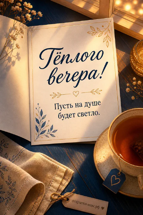 Раскрытая книга с пожеланием тёплого вечера, чашка чая со стикером и сухие цветы на синем деревянном столе
