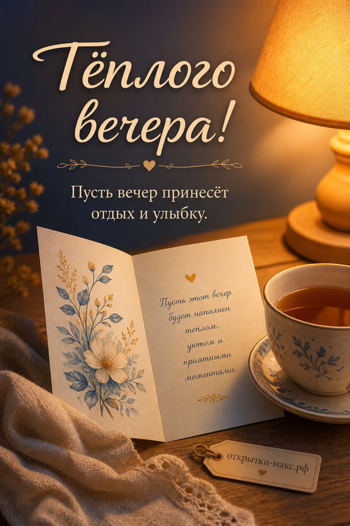 Открытая книга с голубыми цветами рядом с чашкой чая и настольной лампой на столе