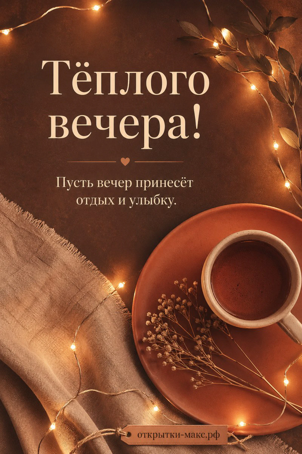 Кружка кофе на блюдце рядом с горящей гирляндой и сухими осенними ветками