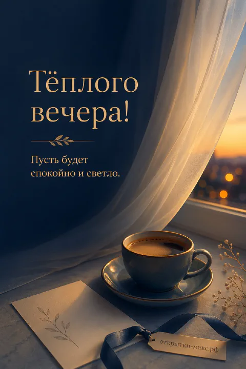 Синяя кружка кофе на подоконнике рядом с тюлем, за окном вечернее небо города