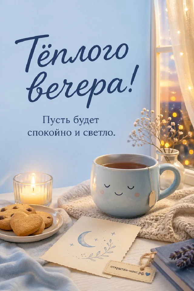 Синяя кружка кофе на подоконнике рядом с тюлем, за окном вечернее небо города — вариант 8