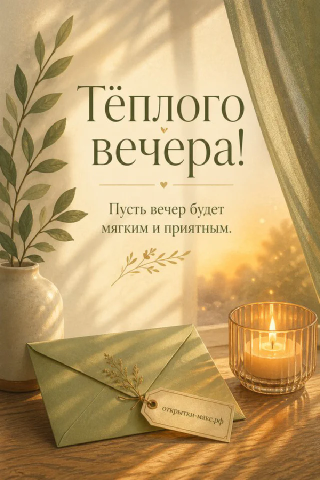 Зелёный конверт с сухим цветком, горящая свеча и ваза с сухоцветами на светлом столе — вариант 3