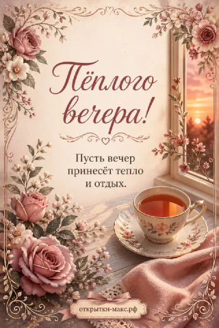Чашка чая на блюдце и розовые розы в акварельной рамке, за окном закатное небо