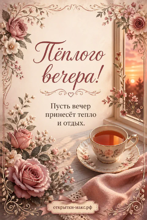 Чашка чая на блюдце и розовые розы в акварельной рамке, за окном закатное небо