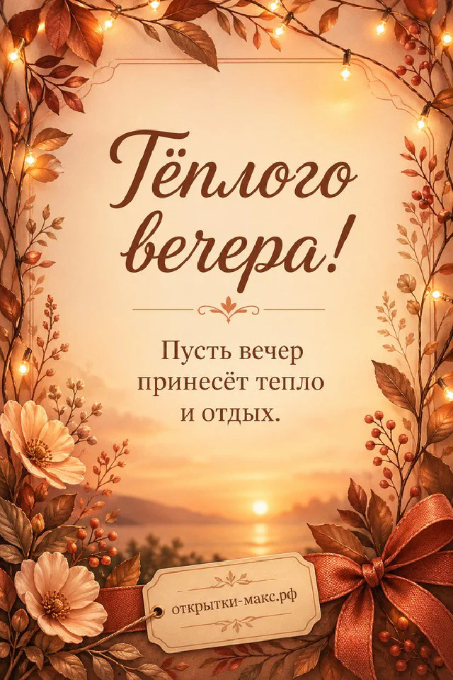 Чашка чая на блюдце и розовые розы в акварельной рамке, за окном закатное небо — вариант 2