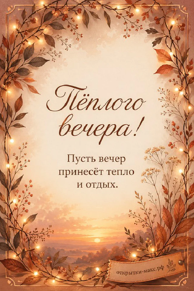 Чашка чая на блюдце и розовые розы в акварельной рамке, за окном закатное небо — вариант 3