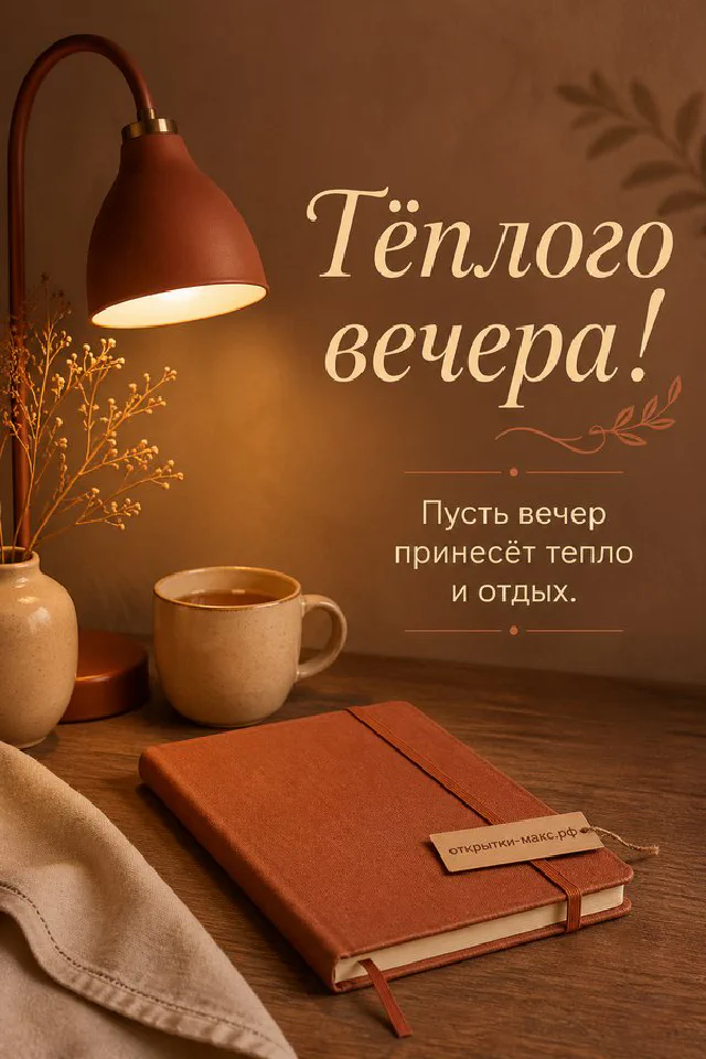 Чашка чая на блюдце и розовые розы в акварельной рамке, за окном закатное небо — вариант 4