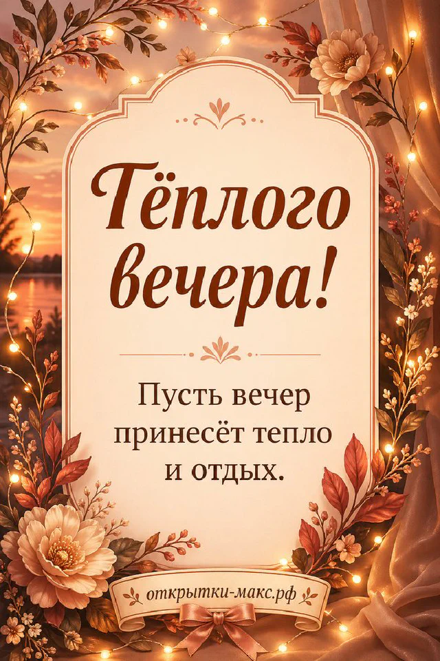 Чашка чая на блюдце и розовые розы в акварельной рамке, за окном закатное небо — вариант 5