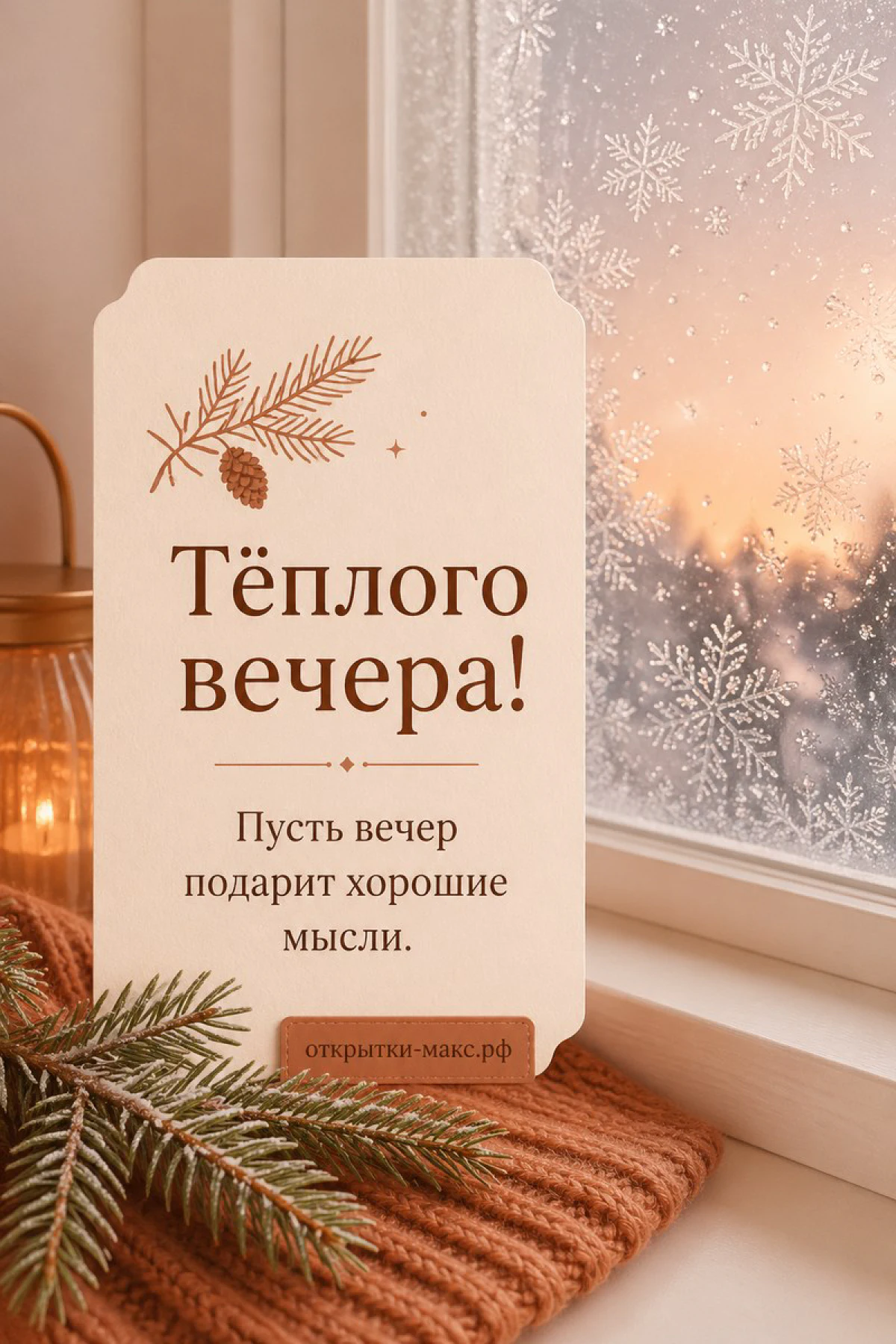 Терракотовый фонарь и хвойные ветки на фоне окна с морозными снежинками