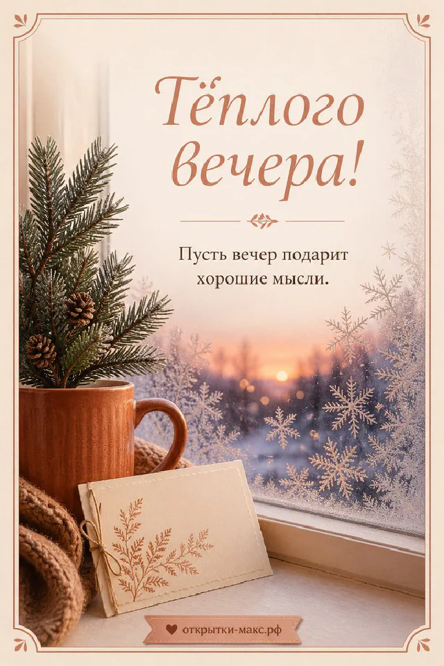 Терракотовый фонарь и хвойные ветки на фоне окна с морозными снежинками — вариант 4