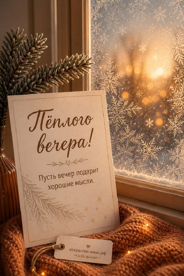Терракотовый фонарь и хвойные ветки на фоне окна с морозными снежинками — вариант 5