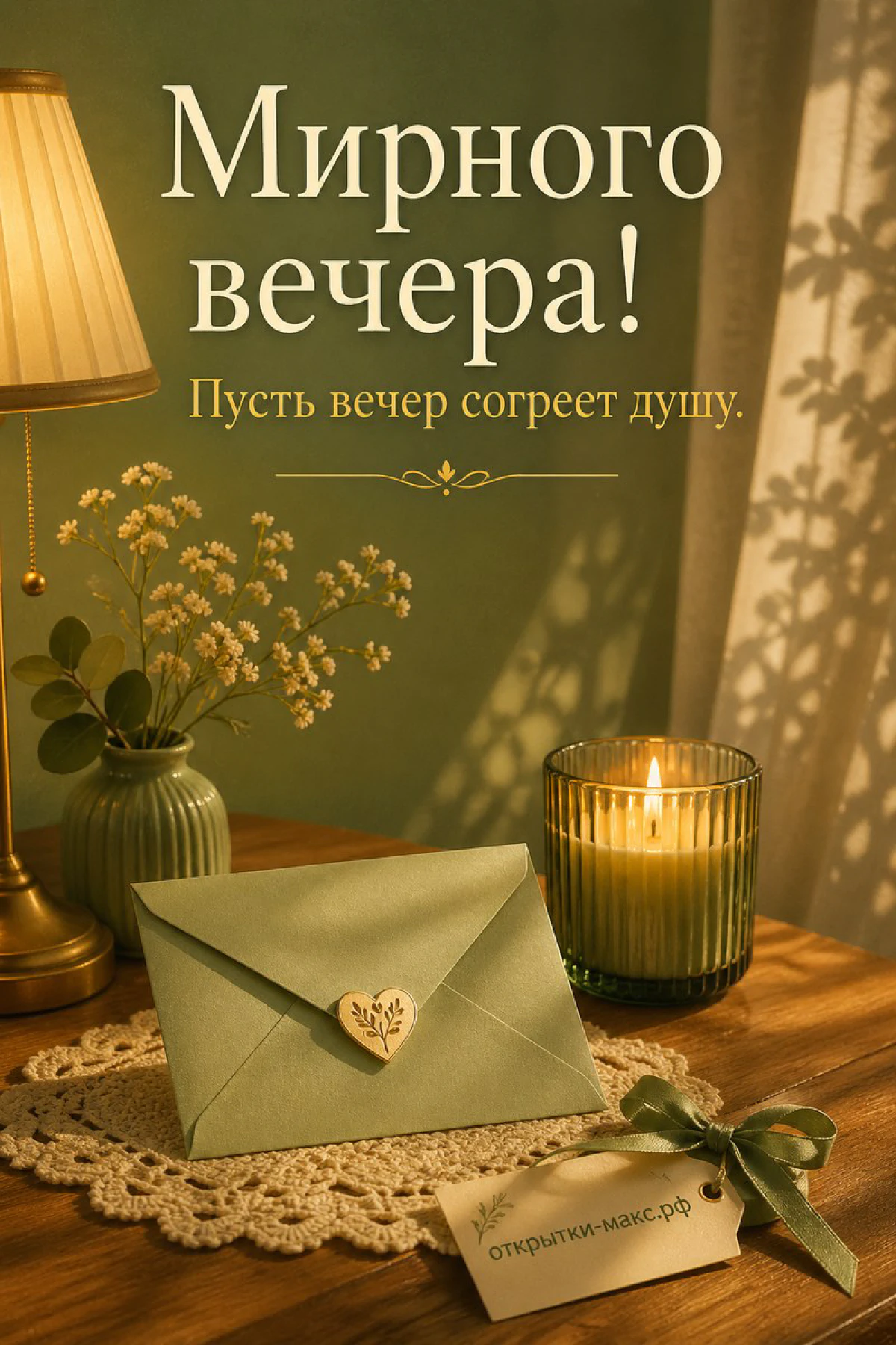 Зелёный конверт с деревянным сердечком и свеча в стеклянном стакане на деревянном столе