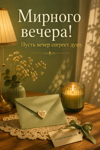 Зелёный конверт с деревянным сердечком и свеча в стеклянном стакане на деревянном столе
