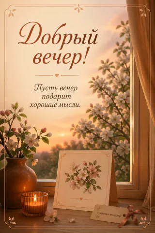 Ветки цветущей яблони у окна на закатном небе, свеча и маленькая открытка с цветами на деревянном подоконнике