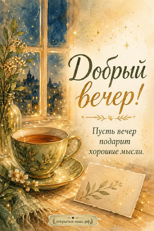 Ветки цветущей яблони у окна на закатном небе, свеча и маленькая открытка с цветами на деревянном подоконнике — вариант 2