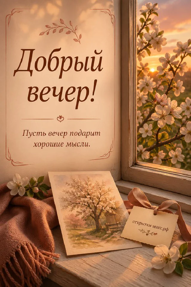 Ветки цветущей яблони у окна на закатном небе, свеча и маленькая открытка с цветами на деревянном подоконнике — вариант 3