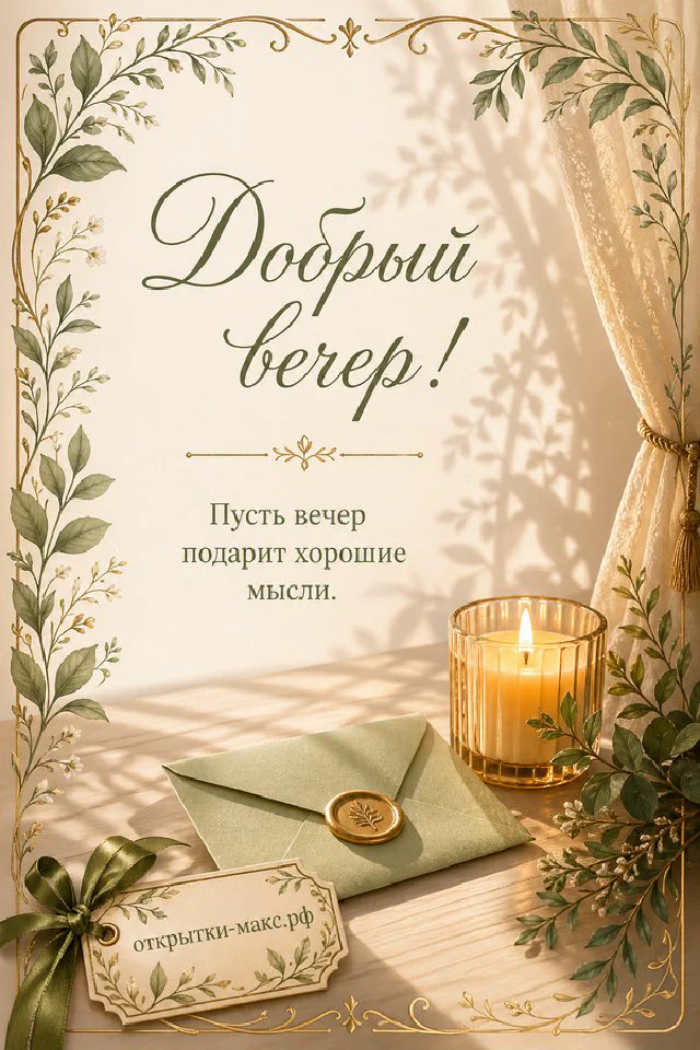 Ветки цветущей яблони у окна на закатном небе, свеча и маленькая открытка с цветами на деревянном подоконнике — вариант 5