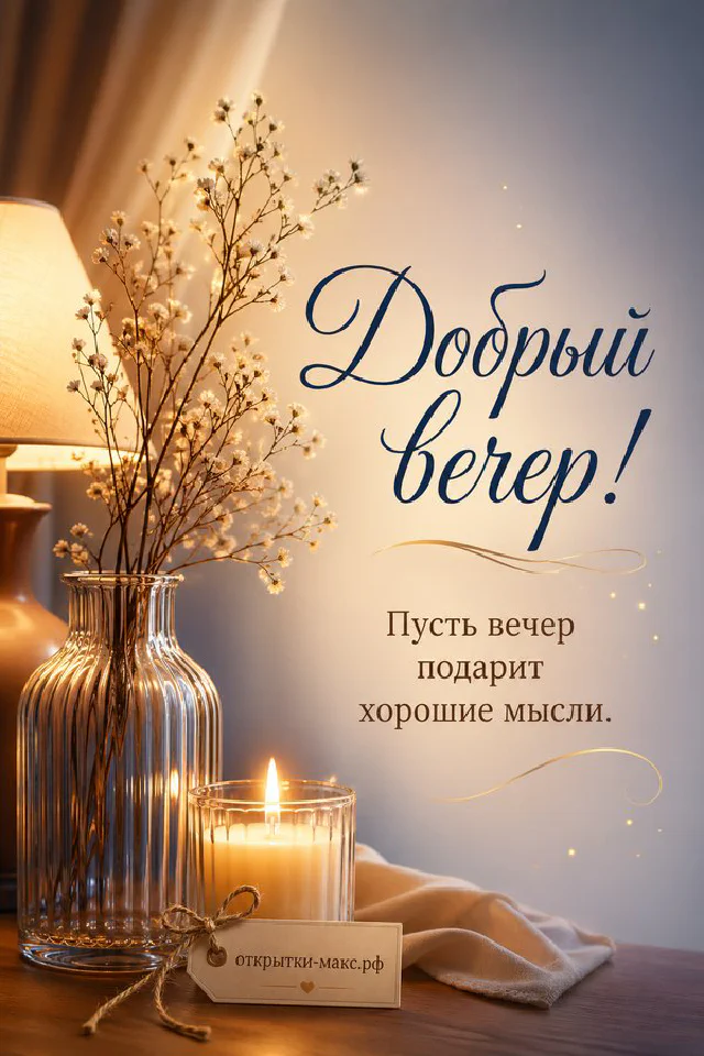 Ветки цветущей яблони у окна на закатном небе, свеча и маленькая открытка с цветами на деревянном подоконнике — вариант 8