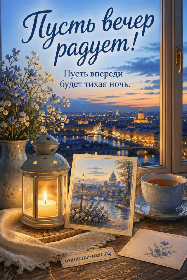 Раскрытая книга с цветами на обложке у окна с цветущими розовыми ветвями и настольной лампой — вариант 6