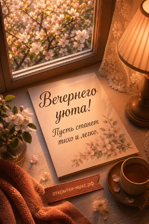 Книга с цветочным орнаментом и чашка чая у окна с цветущим яблоневым садом в розовом свете