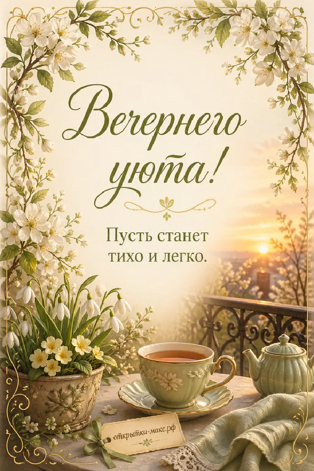Книга с цветочным орнаментом и чашка чая у окна с цветущим яблоневым садом в розовом свете — вариант 2