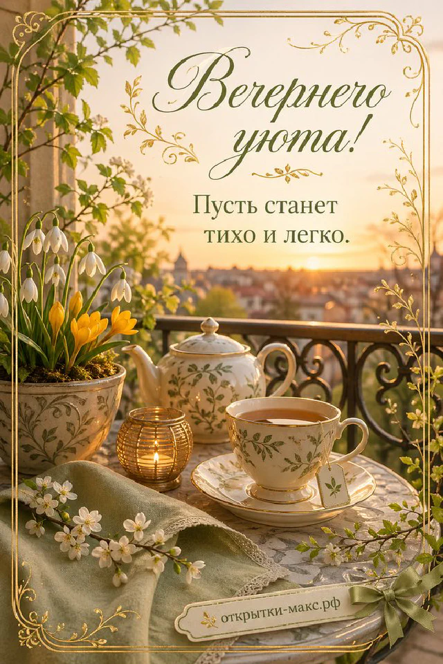 Книга с цветочным орнаментом и чашка чая у окна с цветущим яблоневым садом в розовом свете — вариант 4