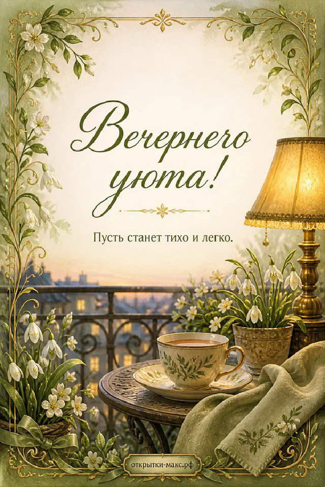 Книга с цветочным орнаментом и чашка чая у окна с цветущим яблоневым садом в розовом свете — вариант 7