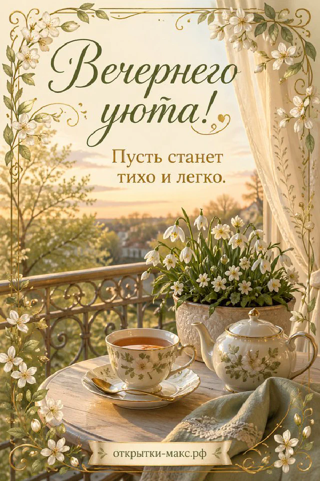 Книга с цветочным орнаментом и чашка чая у окна с цветущим яблоневым садом в розовом свете — вариант 8
